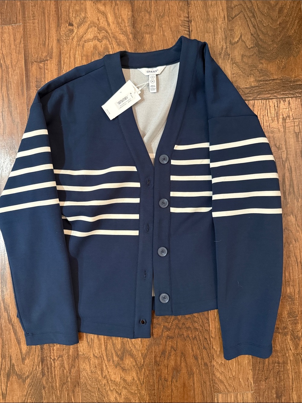 Spanx Air Essentials Navy Stripe Button-Up Cardigan Sweater